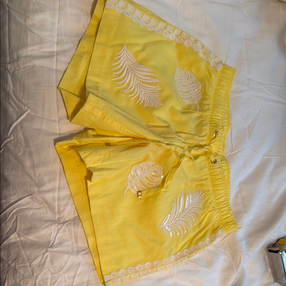 Yellow Women's Embroidered Drawstring Shorts